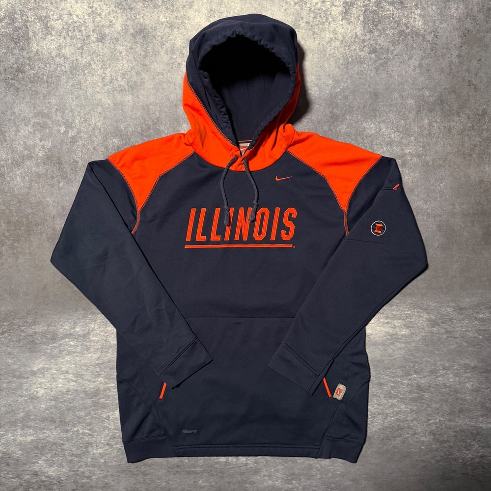 VTG Nike Team‎ Illinois Fighting Illini Therma-FIT Hoodie Mens Small Navy Orange